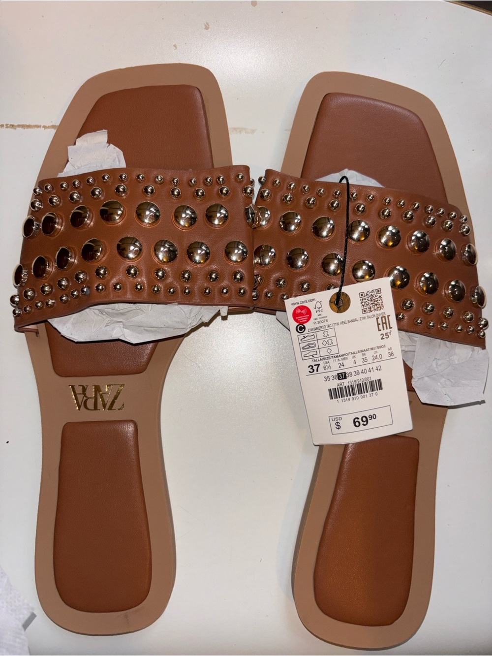 ZARA Tan Studded Slide Sandals for Women